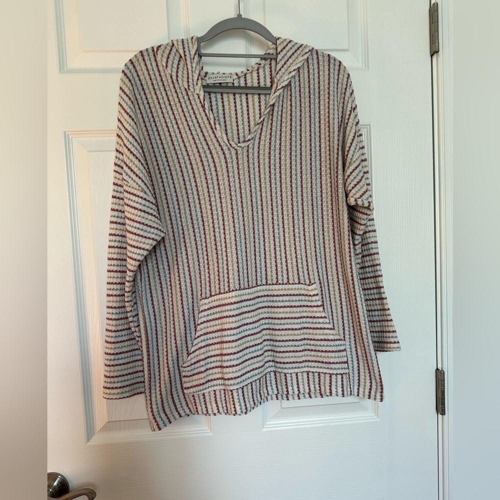 Paper Crane Cream Striped Hoodie with Red and Blue Accents